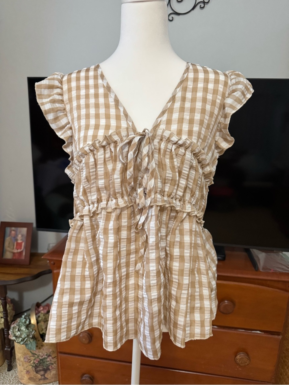 SHEIN Beige and White Gingham Ruffle Tie-Front Top-new